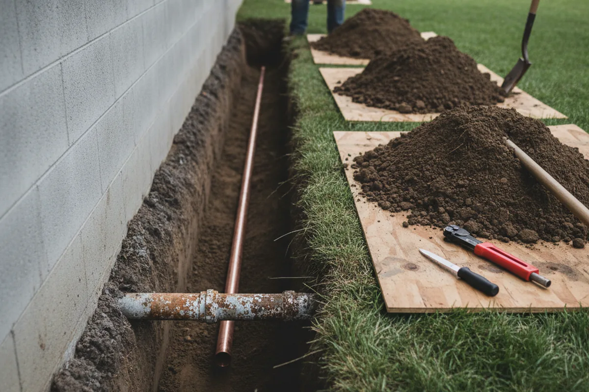 Excavated water line trench during Water Softener Installation in Hay